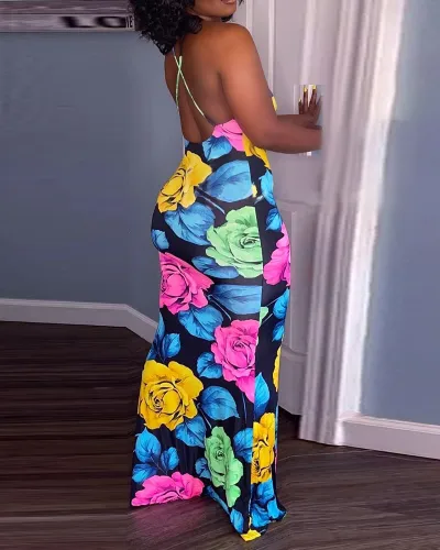 Floral Print Blue Cami Backless Bodycon Maxi Dress