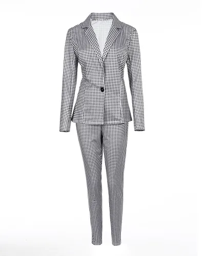 Check Print Slim Fit Turndown Collar Long Sleeve Blazer and Pants Career Two Piece Set