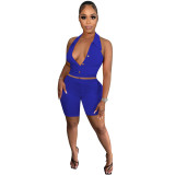 Sexy Solid Two Piece Set Sleeveless Button Top and Shorts