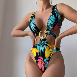 Plunge Neck Metal-Ring One Piece Swimsuit