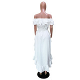 White Off Shoulder Ruffle High Low Long Dress