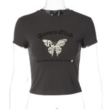 Black Butterfly Letter Print O-Neck Crop Top