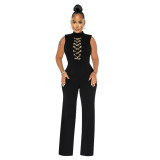 Solid Mock Neck Metal Chain Sleeveless Flare Jumpsuit