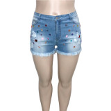 Plus Size Beaded Ripped Zip Fly Jeans Shorts