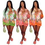 Satin Gradient Floral Print Long Top Shirt Dress