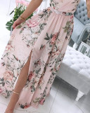 Pink Sleeveless V-Neck Floral Chiffon Maxi Dress