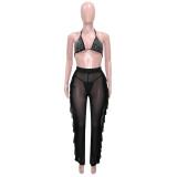 Rhinestone Cami Halter Bikini and Ruffle Pants 2PCS Set