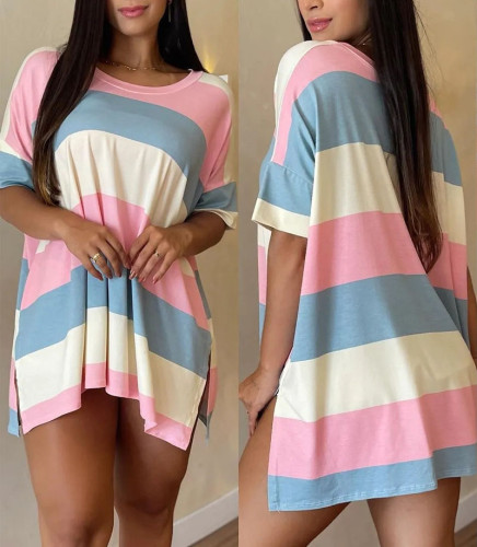 O-Neck Print Striped Loose Side Slit Long Top