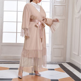 Plus Size Pink Tie Mesh Patchwork Robe with Belt
