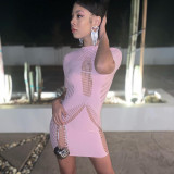 Pink Cut Out Mesh Short Sleeve O-Neck Mini Dress