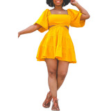 Yellow Square Neck Short Sleeves Ruffle Dress