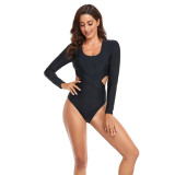 Black Hollow Out Waist Long Sleeve One Piece Swimsuit