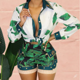 Green Print Long Sleeve Button Blouse and Shorts Casual 2-Piece Set