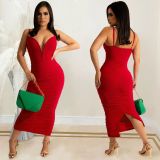 Cami Deep-V Ruched Slit Maxi Dress