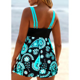 Plus Size Paisley Print Deep-V Two Piece Dress Swimwear