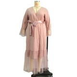 Plus Size Pink Tie Mesh Patchwork Robe with Belt