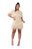 Feather Short Sleeves O-Neck Mini Dress
