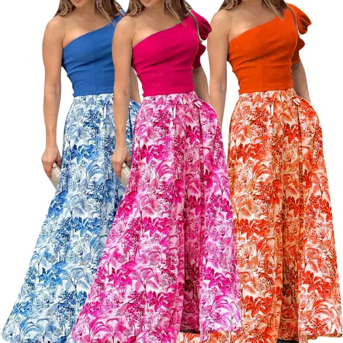 Solid One-shoulder Crop Top & High Waist Print Long Skirt 2PCS Set