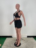 Solid Zipped Wide Straps Crop Top and Drawstring Shorts Casual Two Pieces