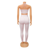Pink Cami Halter Sleeveless Crop Top and Pants 2PCS Set