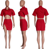 Solid Color Turndown Collar Crop Top and Slit Skirt 2PCS Set