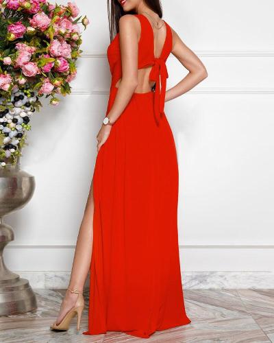 Red Sleeveless Tie Back High Slit Maxi Dress