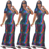 Multicolor Print U-Neck Short Sleeve Slim Fit Long Dress
