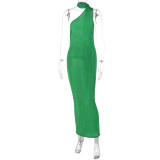 Green One Shoulder Halter Neck Backless Chain Slit Dress