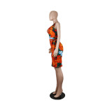 Deep V Sleeveless Print Orange Midi Bodycon Dress