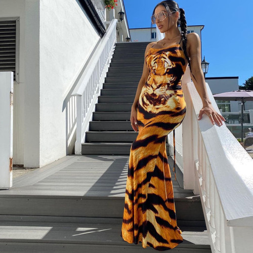 Trendy Tiger Skin Print Back Lace-Up Mermaid Maxi Dress