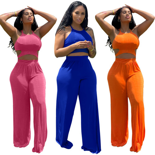 Solid Velvet 2PCS Set Sexy Cut Out Halter Top and Wide Leg Pants