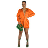 Silk Button Open Long Sleeves Blouse and Drawstring Shorts 2PCS Set