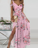 Summer Floral Print Straps Slit Maxi Dress