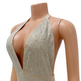 Apricot V-Neck Backless Halter Beaded Sleeveless Bodysuit
