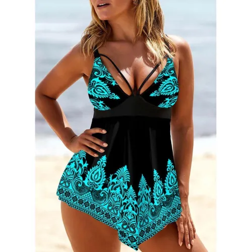 Plus Size Vintage Print Cutout Two-Piece Dress Swimwear