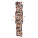 Trendy Print Round Neck Sleeveless Ruched Bodycon Midi Dress