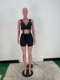 Solid Zipped Wide Straps Crop Top and Drawstring Shorts Casual Two Pieces