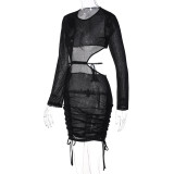 O-Neck Long Sleeve Open Waist Drawstring See Through Mini Dress