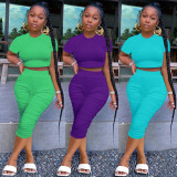 Pure Color Fitted Short Sleeve T-Shirt and Shorts Ruched Two Piece Set