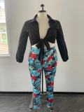Plus Size Two Piece outfits Green Print Pants and Black Tie Front Top