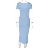 Blue U-Neck Short Sleeve Slit Dress