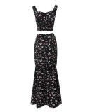 Black Floral Wide Straps Crop Top and Slit Long Dress Two Piece Set