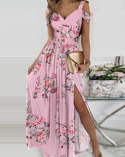 Summer Floral Print Straps Slit Maxi Dress