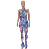 Print Pink Halter Neck Backless Bodycon Flare Jumpsuit