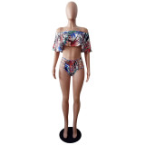 Floral Print Blue Bikini Swimwear 4 PCS Set