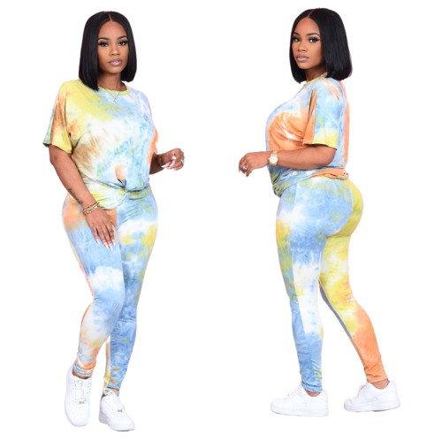 Tie Dye Light Blue Twisted Tee and Pants Two Piece Set