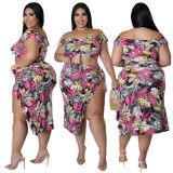 Plus Size Two Pieces Floral Off Shoulder Drawstring Crop Top and Split Ruffle Skirt