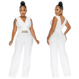 Pure Color V-Neck Sleeveless Wide Leg Jumpsuit With Belt