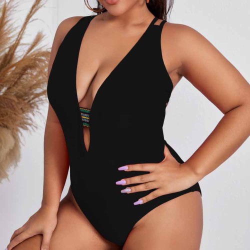 Black Sexy V-Neck Plus Size One Piece Swimsuit