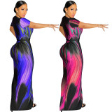 Print Deep-V Short Sleeve Slit Maxi Dress With Belt